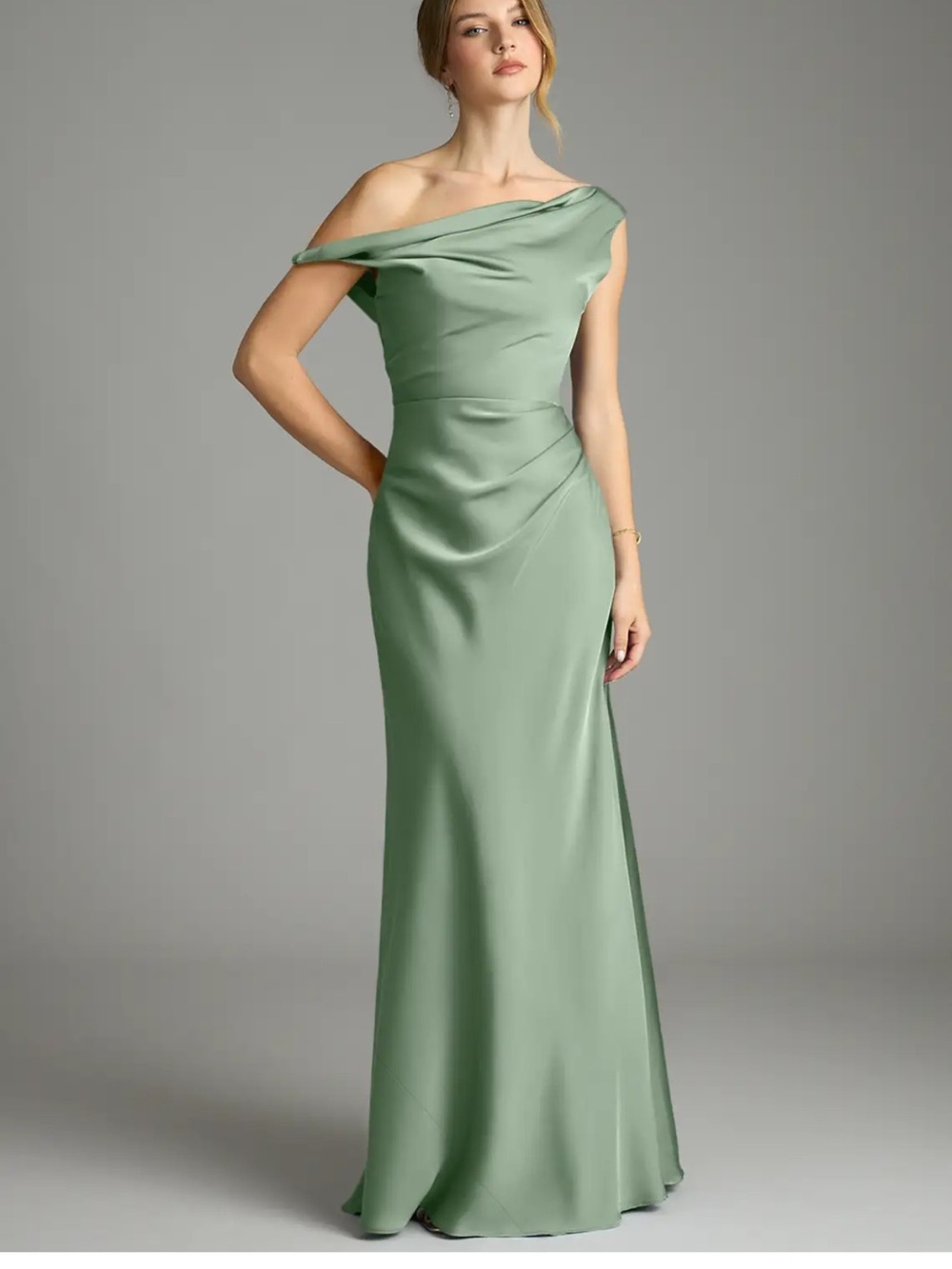 Azazie Emerson Matcha Mermaid Off the Shoulder Stretch Satin Dress NWT